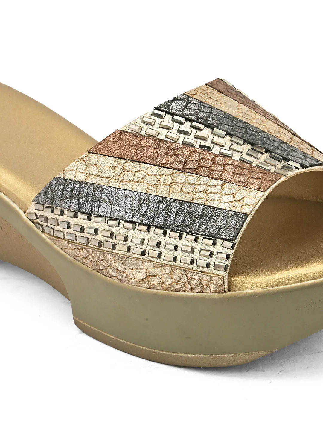 PELLE ALBERO Women Gold Embellished Slip-On Wedge Heels Sandals