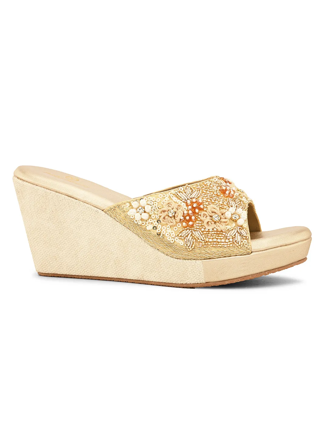 Pelle Albero Women's Gold Synthetic Leather Slip-On Wedge Heel Sandal