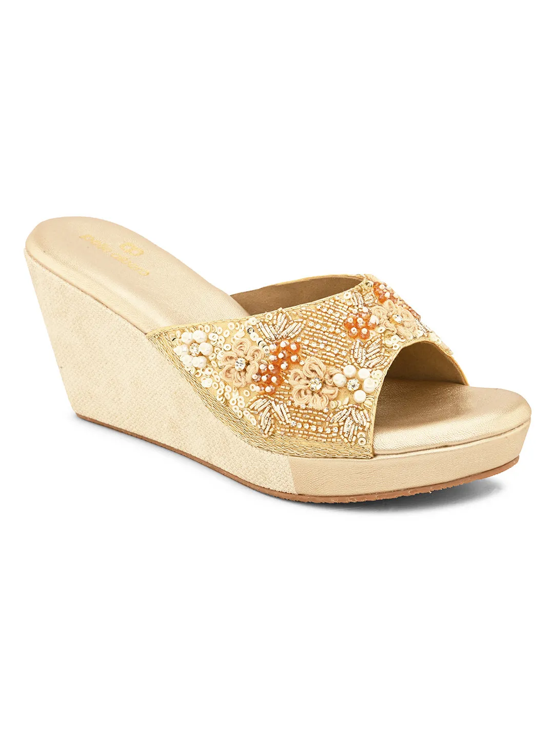 Pelle Albero Women's Gold Synthetic Leather Slip-On Wedge Heel Sandal