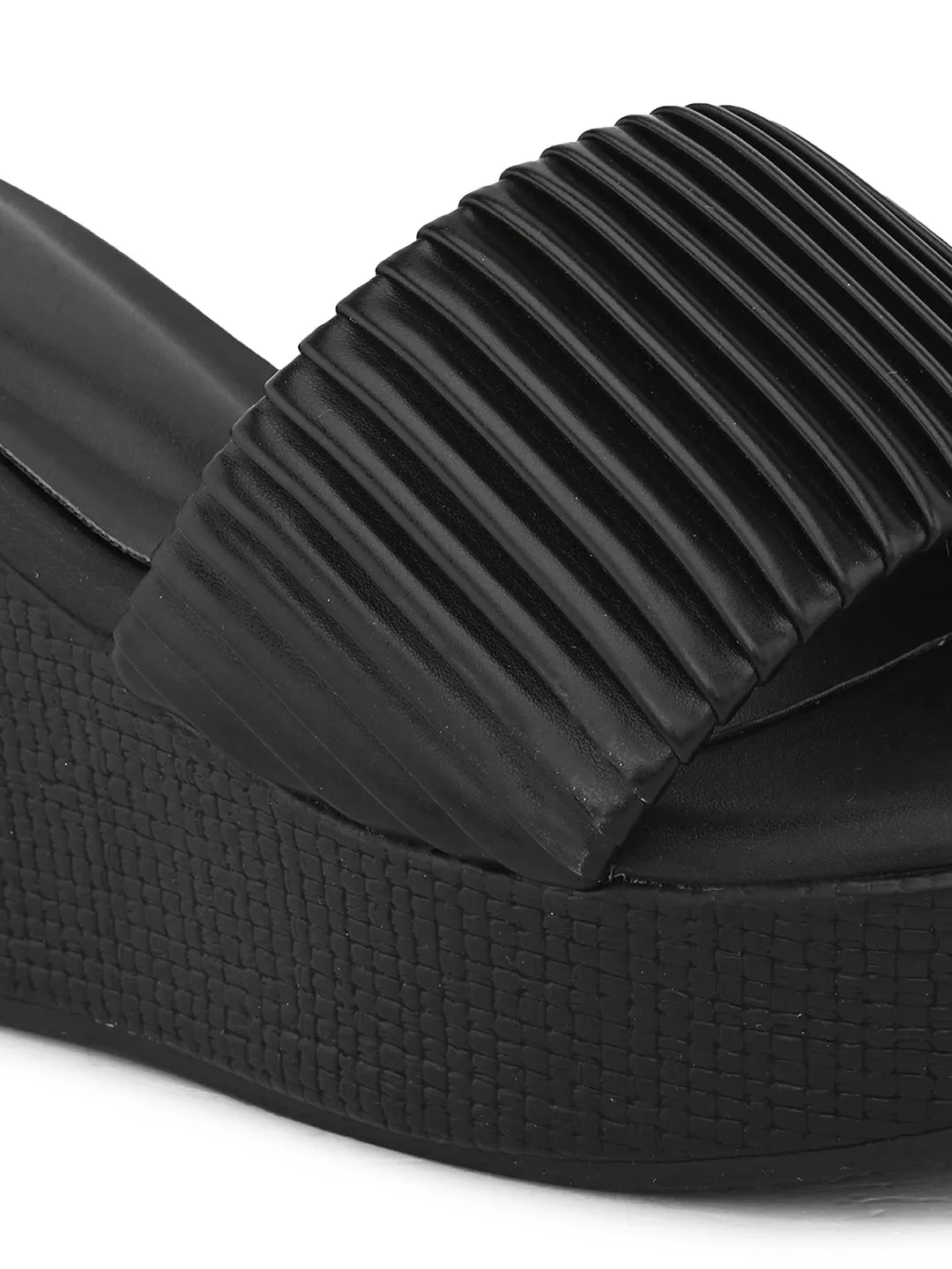 Pelle Albero Women's Latest Trendy Black PU upper Slip-On Heels Wedge Sandals