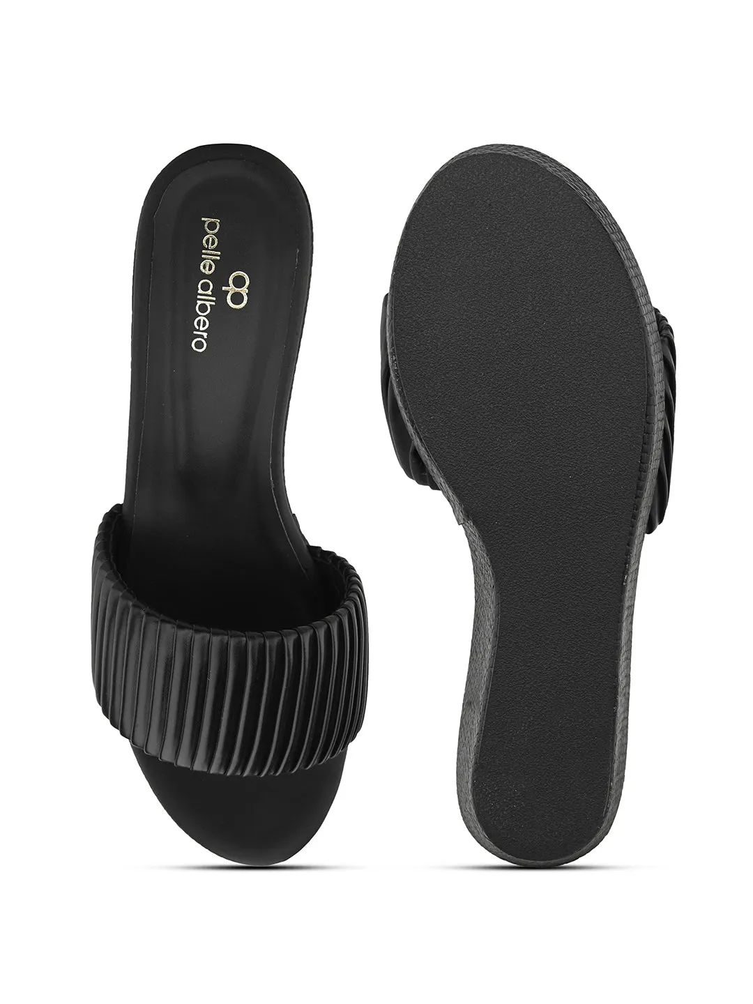 Pelle Albero Women's Latest Trendy Black PU upper Slip-On Heels Wedge Sandals