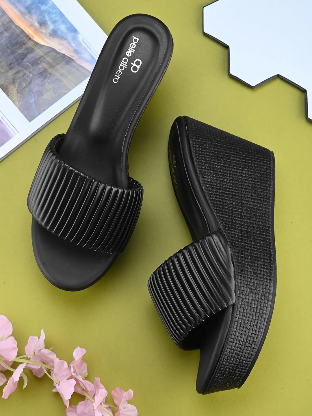 Pelle Albero Women's Latest Trendy Black PU upper Slip-On Heels Wedge Sandals
