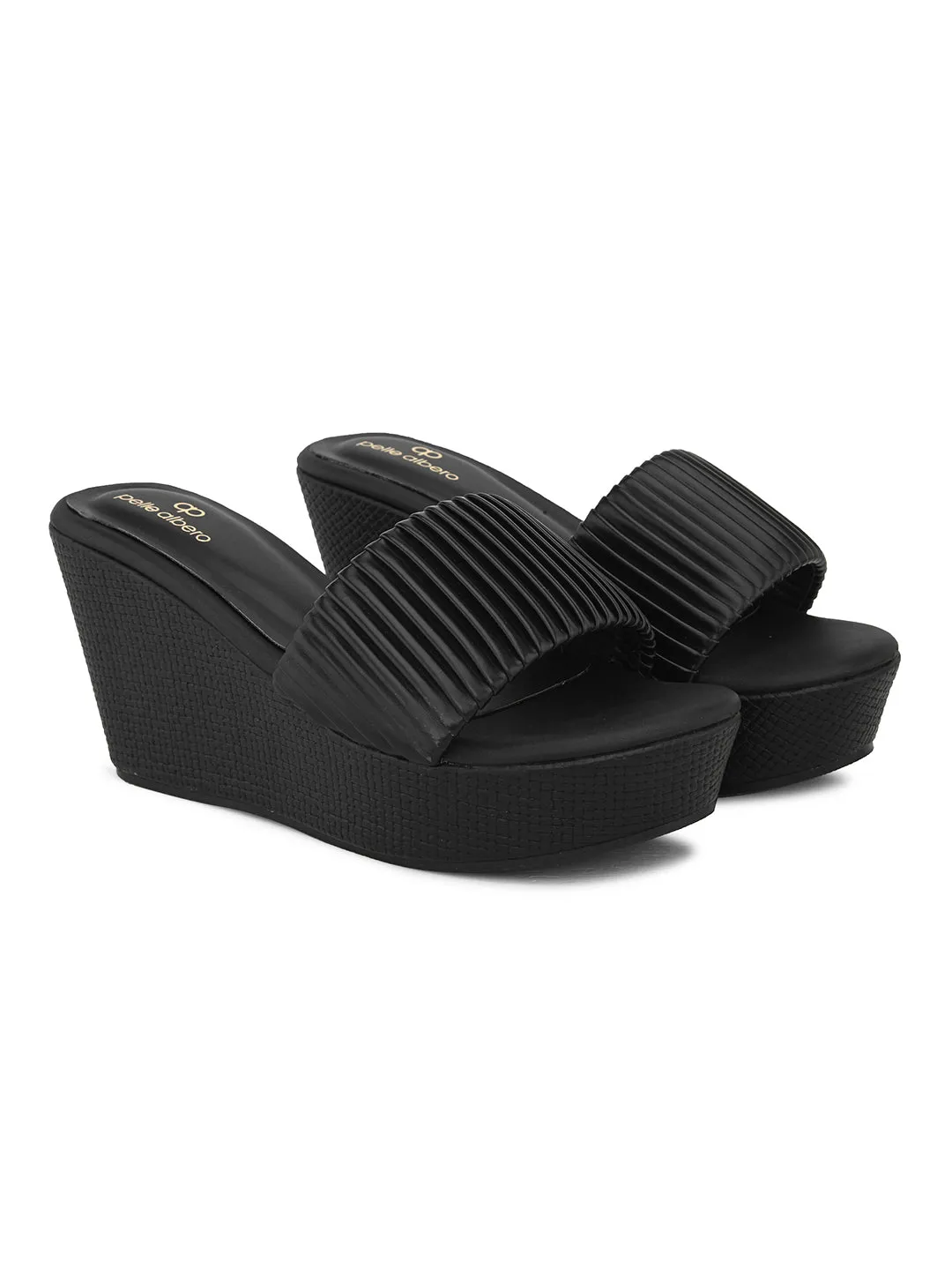 Pelle Albero Women's Latest Trendy Black PU upper Slip-On Heels Wedge Sandals