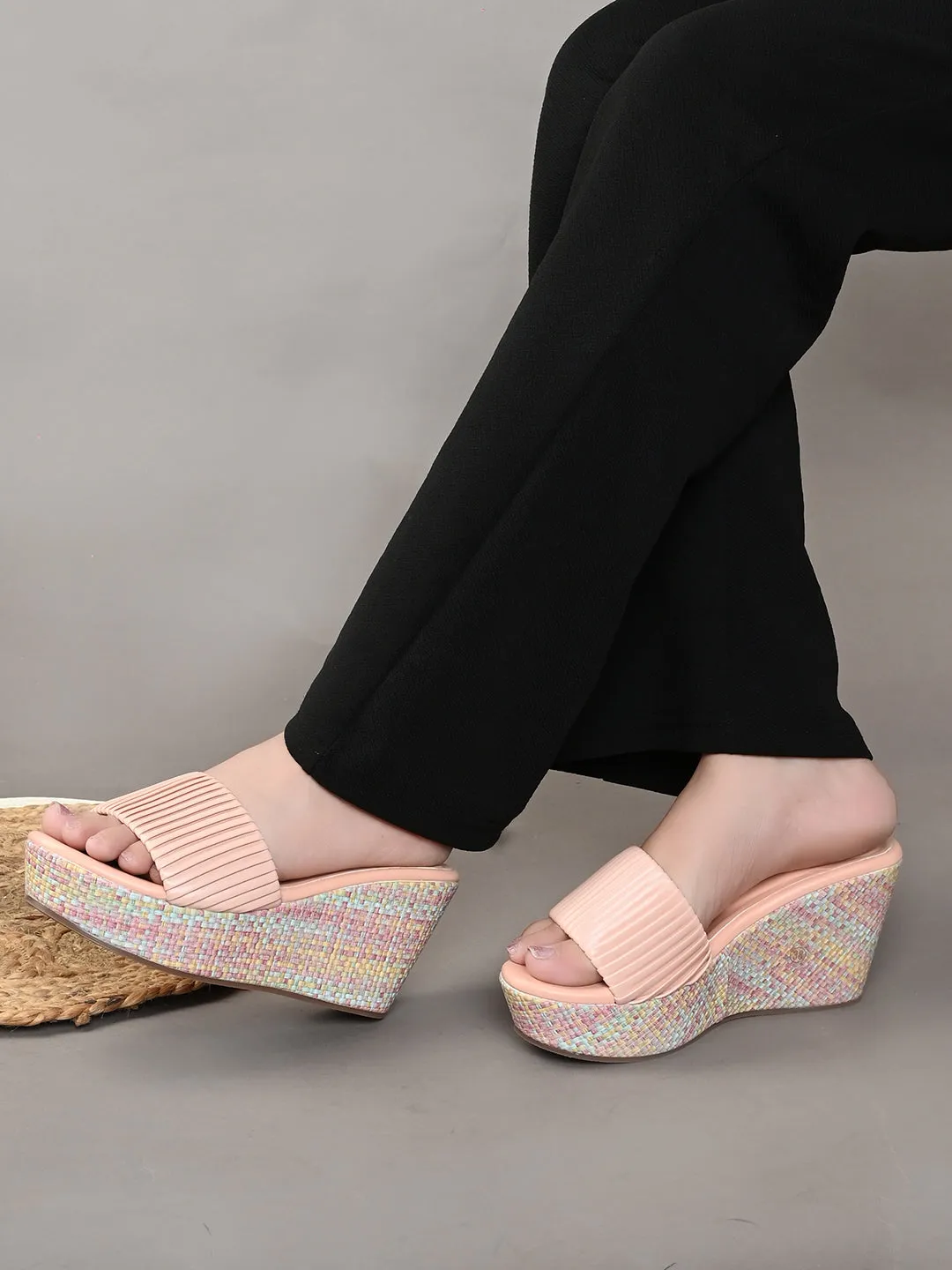 Pelle Albero Women's Latest Trendy Pink PU upper Slip-On Heels Wedge Sandals