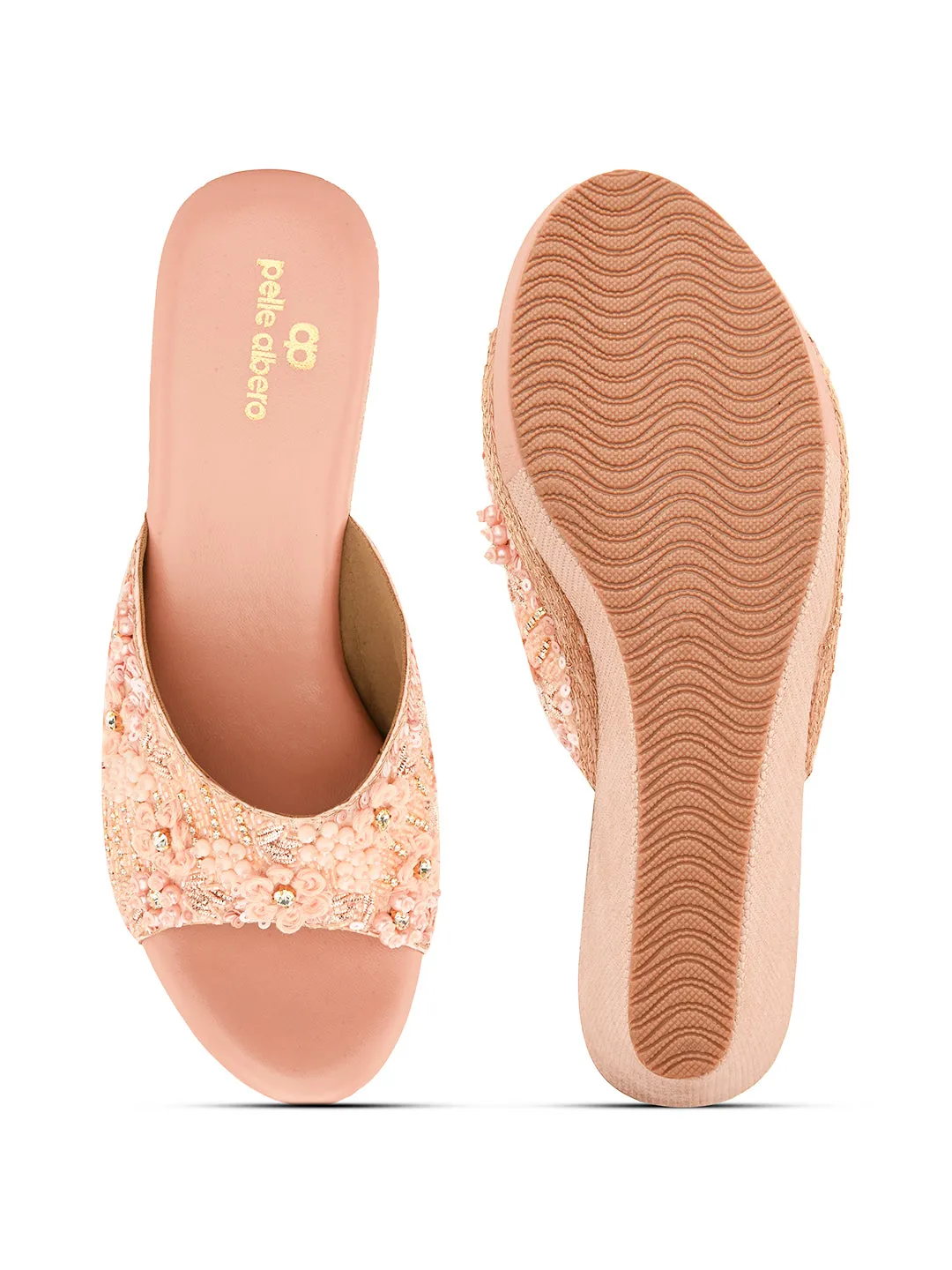 Pelle Albero Women's Rose Gold Synthetic Leather Slip-On Wedge Heel Sandal