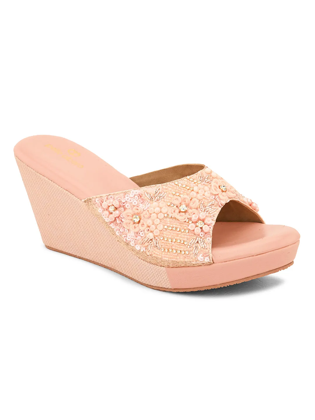 Pelle Albero Women's Rose Gold Synthetic Leather Slip-On Wedge Heel Sandal
