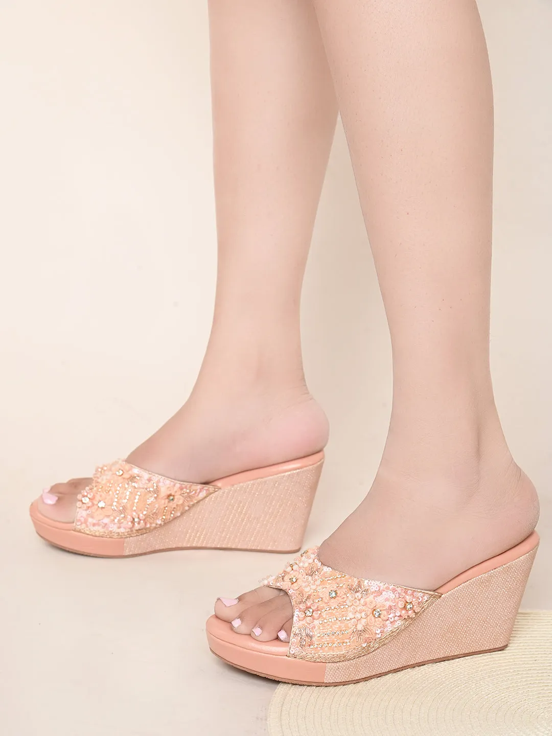 Pelle Albero Women's Rose Gold Synthetic Leather Slip-On Wedge Heel Sandal