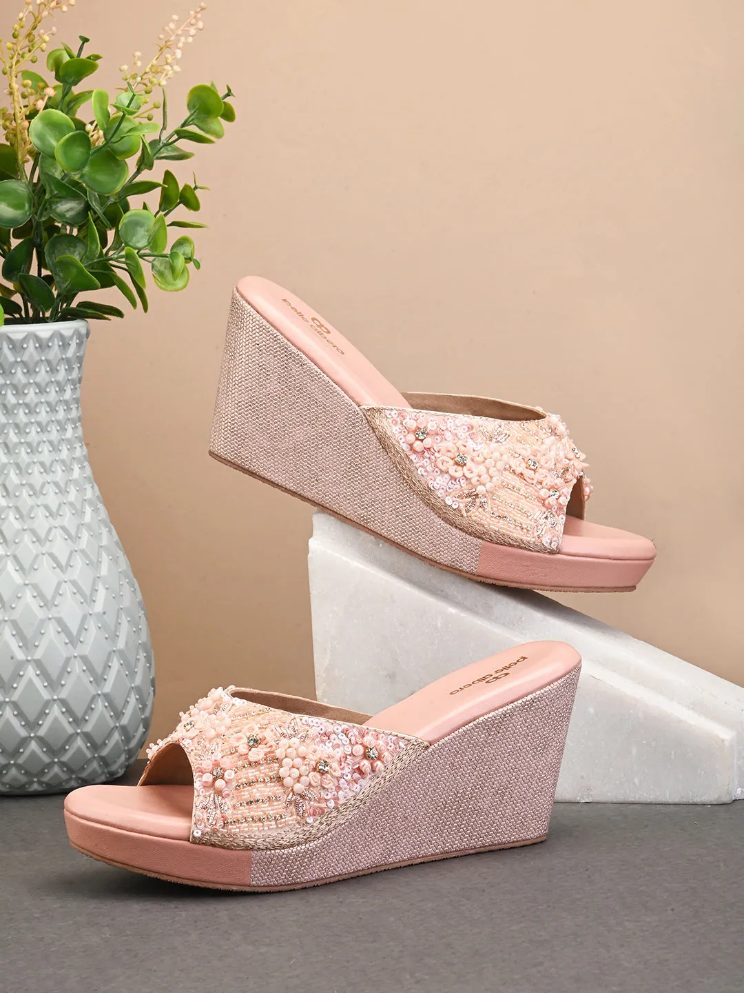 Pelle Albero Women's Rose Gold Synthetic Leather Slip-On Wedge Heel Sandal