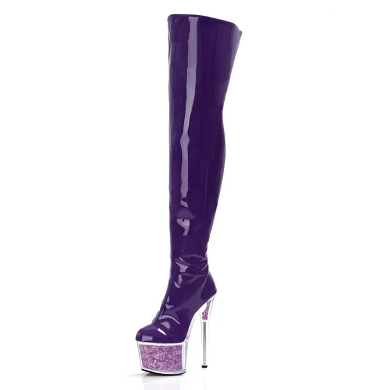 Purple Patent Leather High Heel Thigh Boots with Glitter Filled Platform