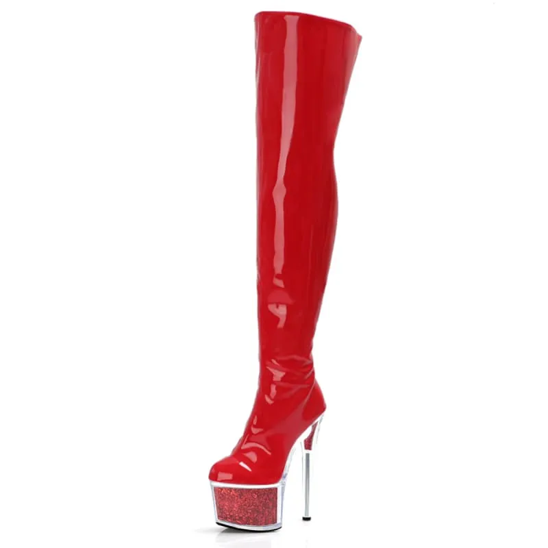 Purple Patent Leather High Heel Thigh Boots with Glitter Filled Platform