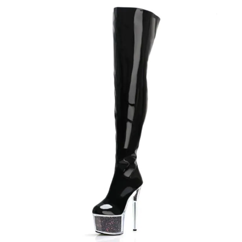 Purple Patent Leather High Heel Thigh Boots with Glitter Filled Platform