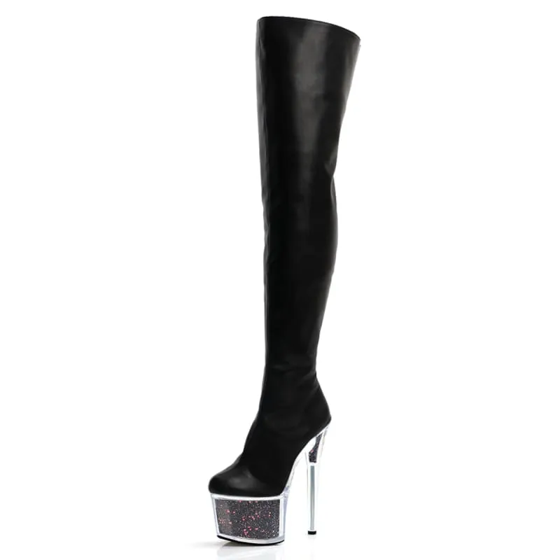 Purple Patent Leather High Heel Thigh Boots with Glitter Filled Platform
