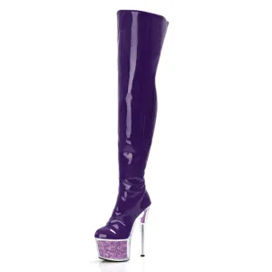 Purple Patent Leather High Heel Thigh Boots with Glitter Filled Platform