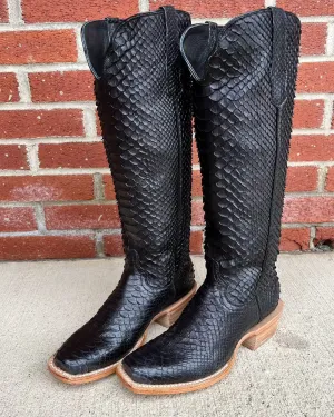 R. Watson Women's 17" Matte Black Python Narrow Square Toe Western Cowgirl Boots RWL7211-1