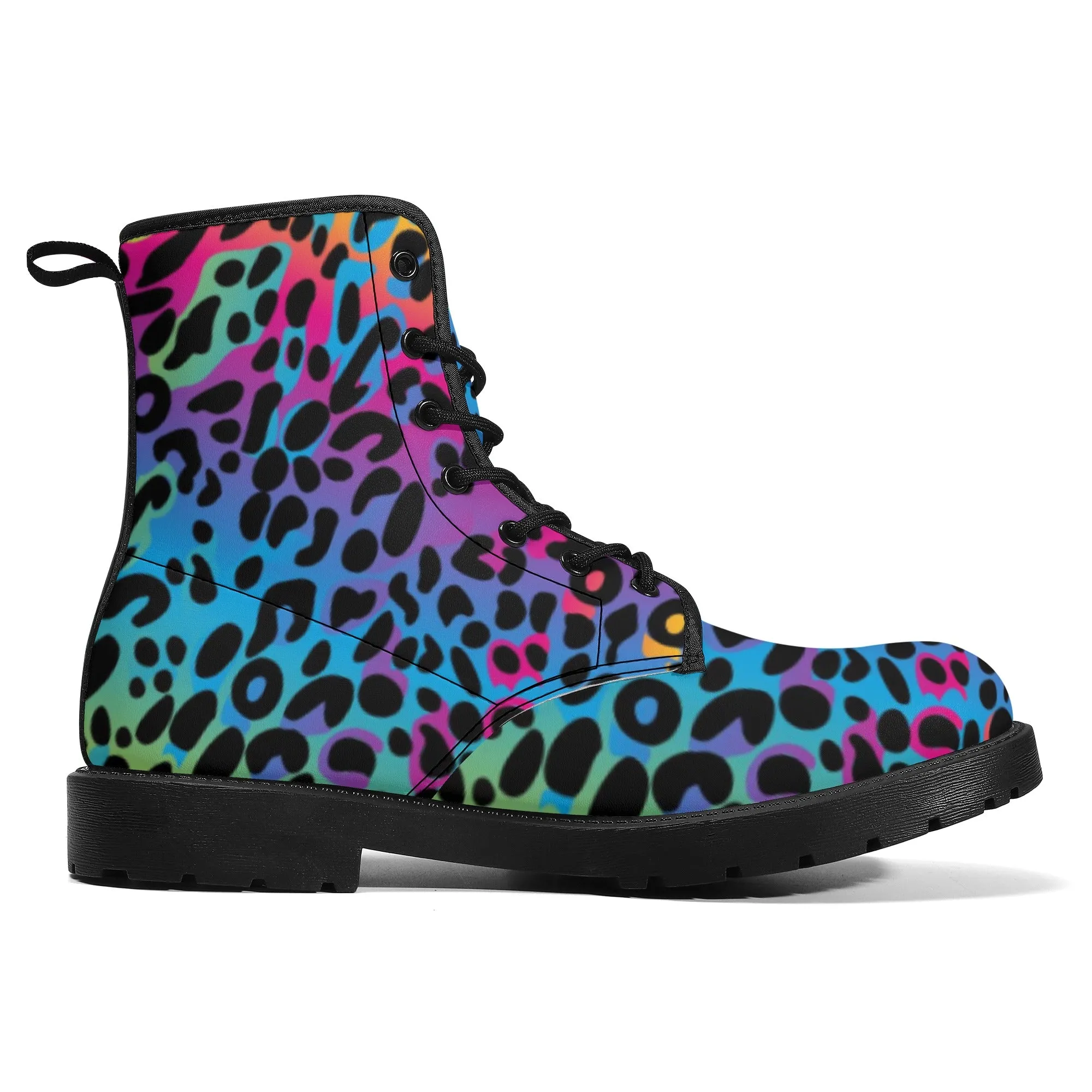 Rainbow Leopard Women's Leather Combat Boots, Animal Print Lace Up Shoes Hiking Festival Black Ankle Work Winter Casual Custom Gift