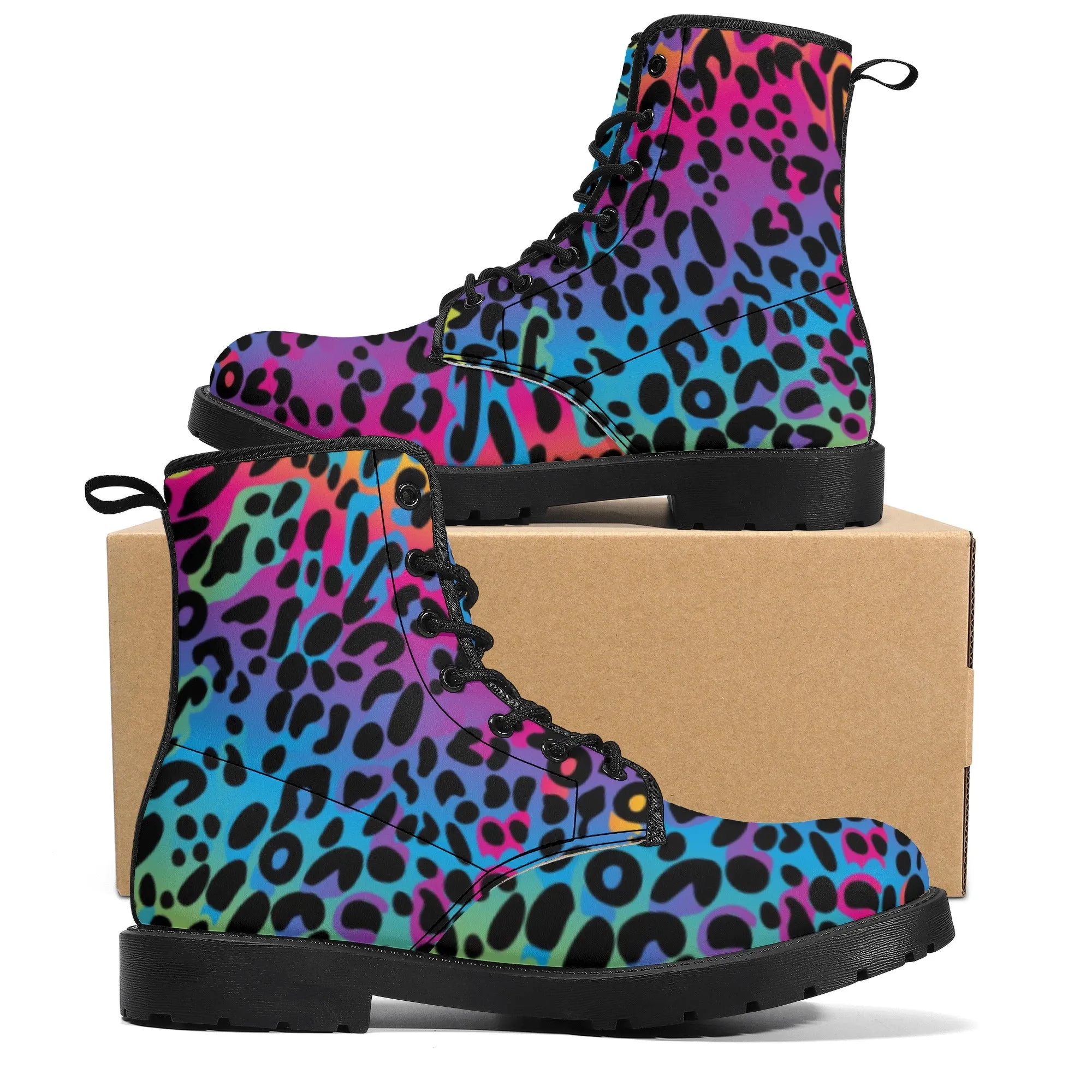 Rainbow Leopard Women's Leather Combat Boots, Animal Print Lace Up Shoes Hiking Festival Black Ankle Work Winter Casual Custom Gift