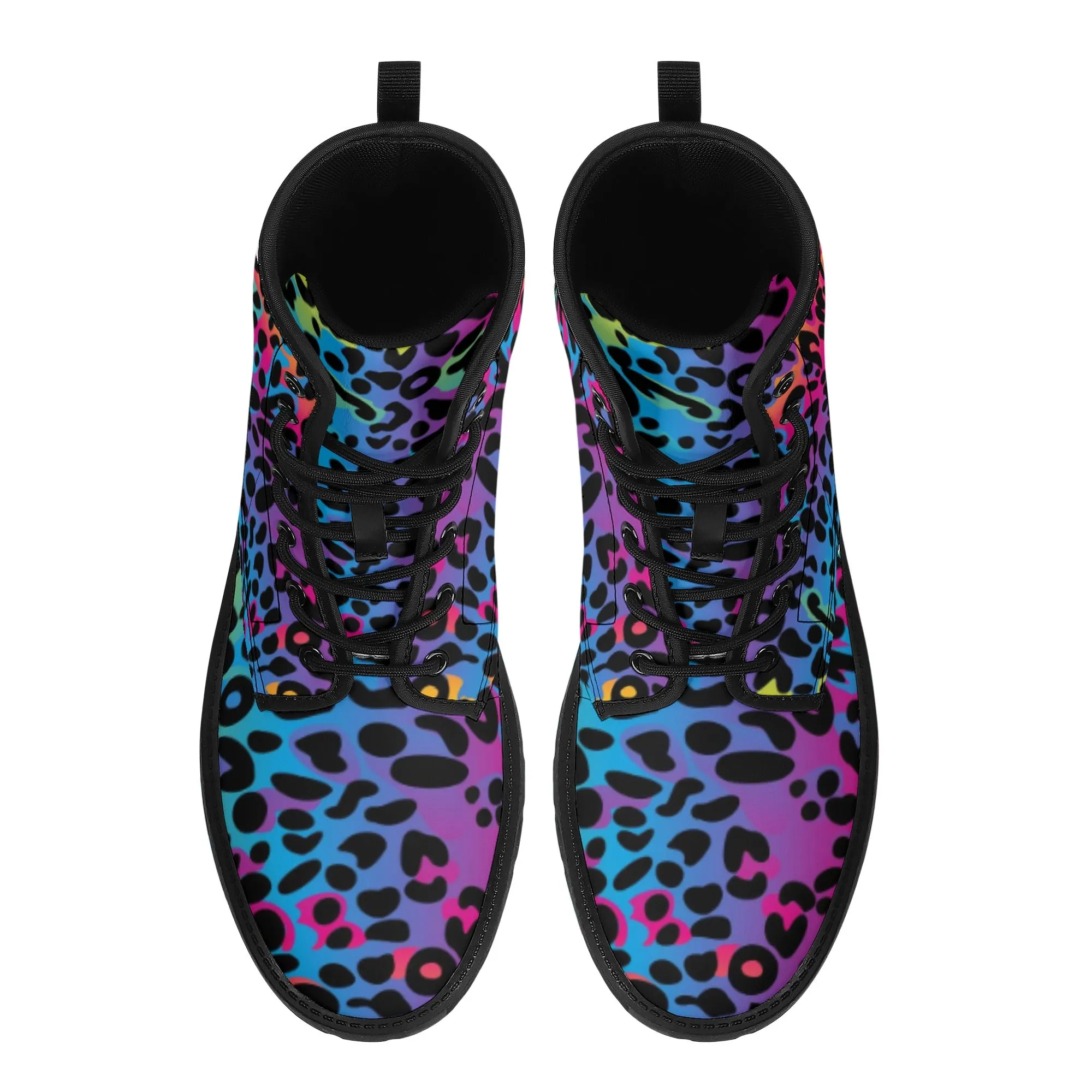 Rainbow Leopard Women's Leather Combat Boots, Animal Print Lace Up Shoes Hiking Festival Black Ankle Work Winter Casual Custom Gift