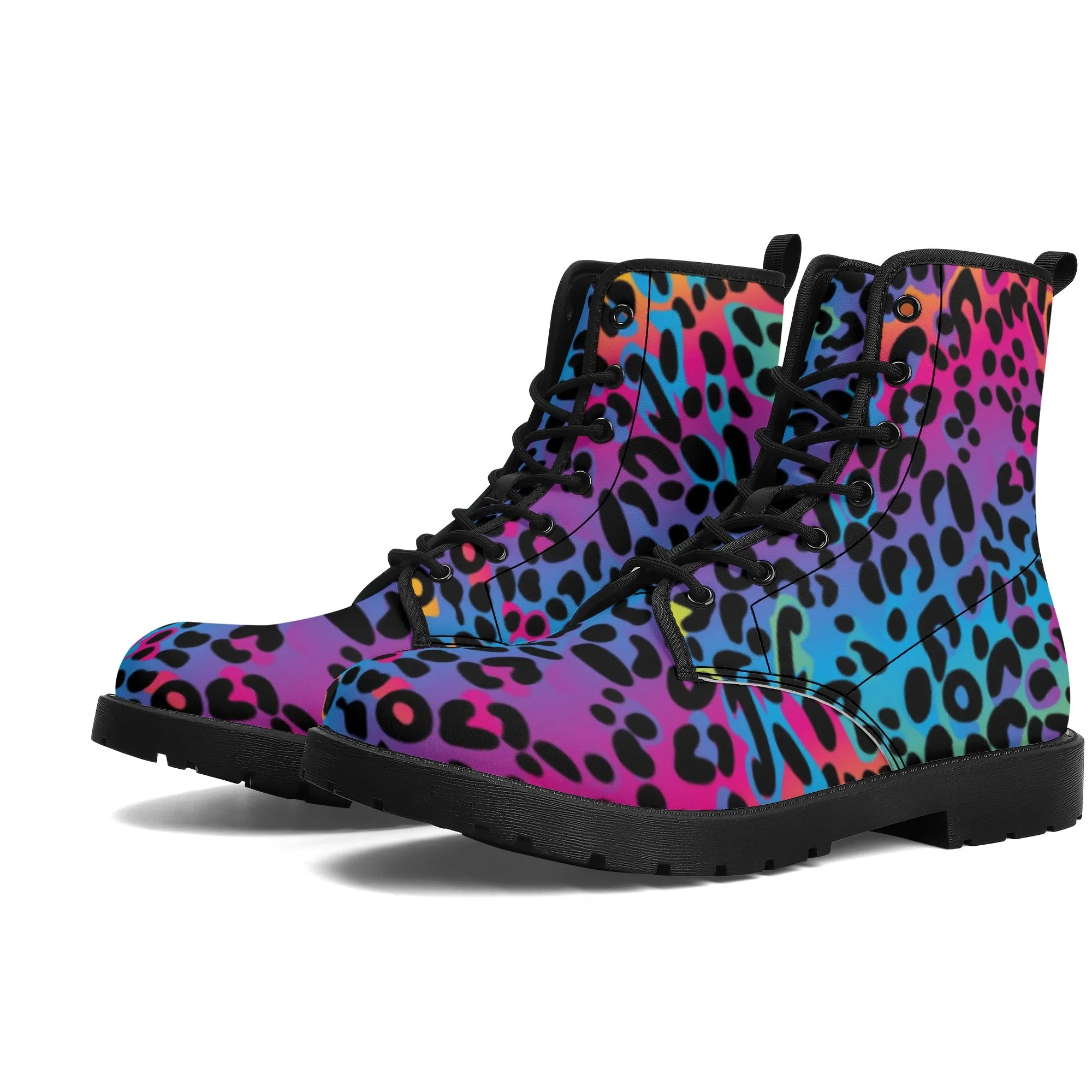 Rainbow Leopard Women's Leather Combat Boots, Animal Print Lace Up Shoes Hiking Festival Black Ankle Work Winter Casual Custom Gift