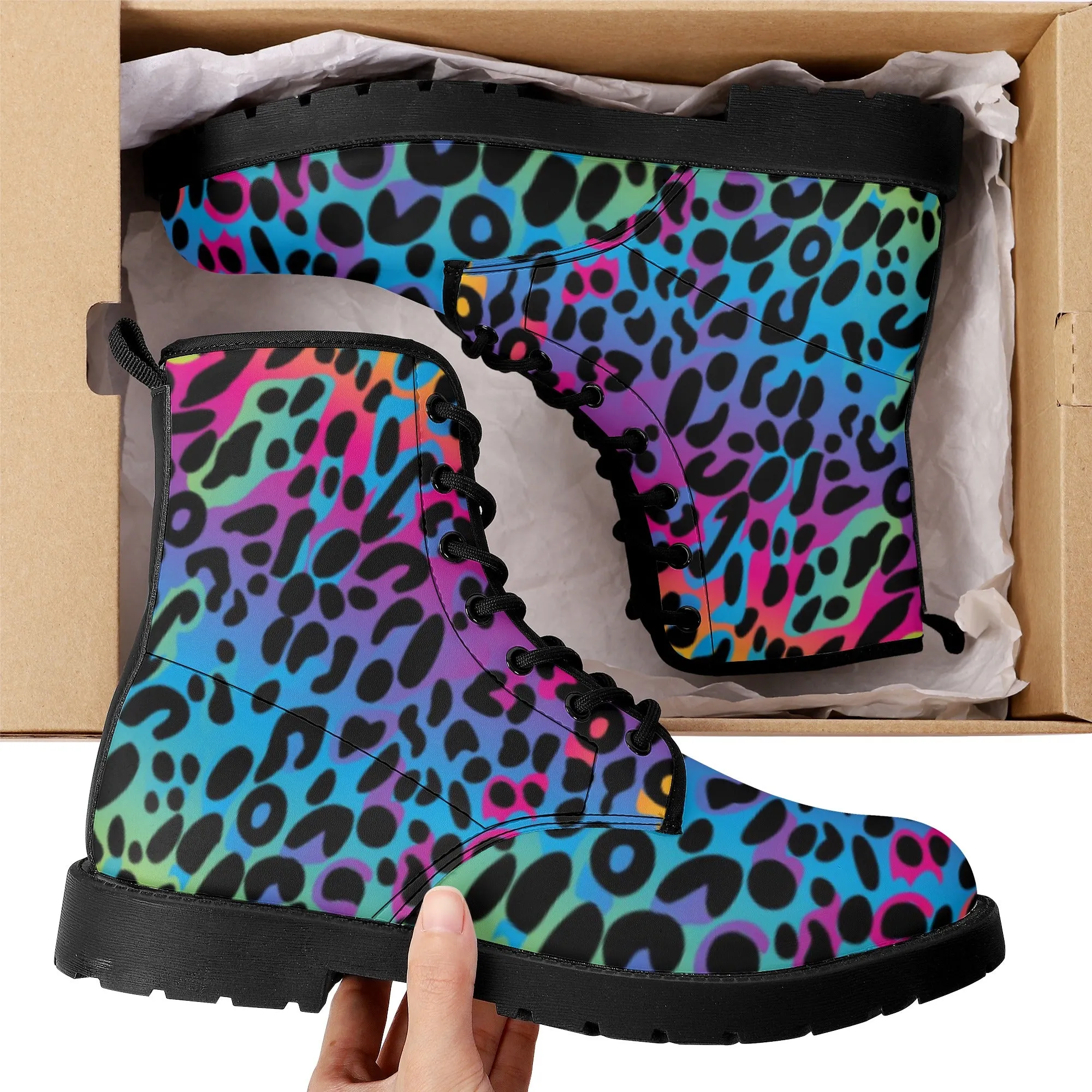 Rainbow Leopard Women's Leather Combat Boots, Animal Print Lace Up Shoes Hiking Festival Black Ankle Work Winter Casual Custom Gift