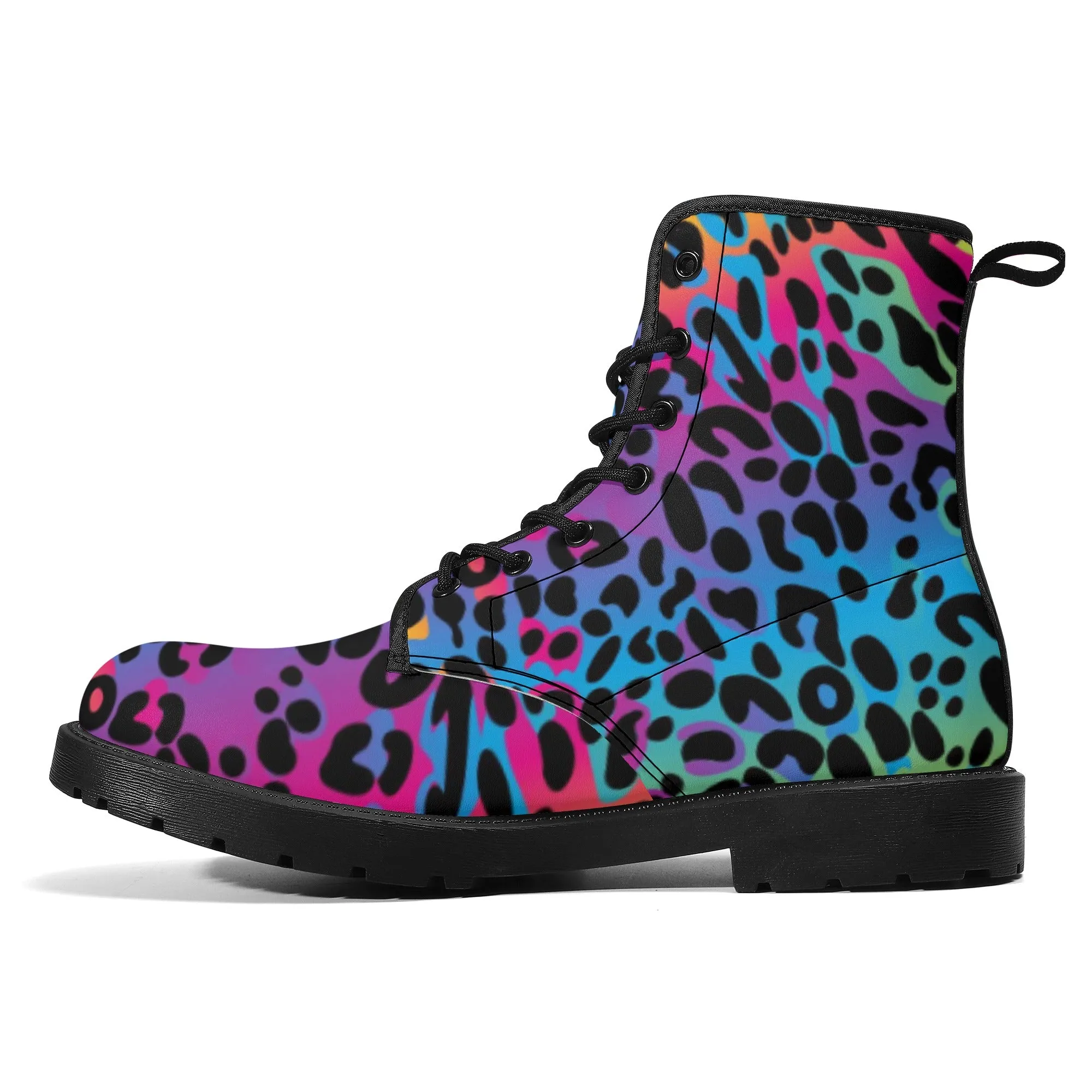 Rainbow Leopard Women's Leather Combat Boots, Animal Print Lace Up Shoes Hiking Festival Black Ankle Work Winter Casual Custom Gift