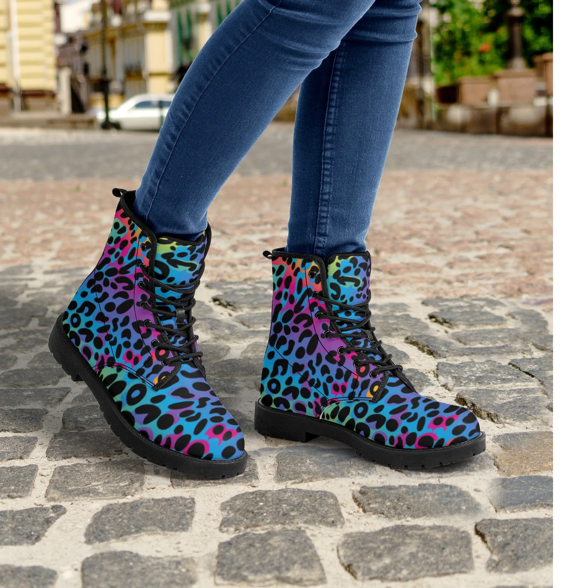 Rainbow Leopard Women's Leather Combat Boots, Animal Print Lace Up Shoes Hiking Festival Black Ankle Work Winter Casual Custom Gift