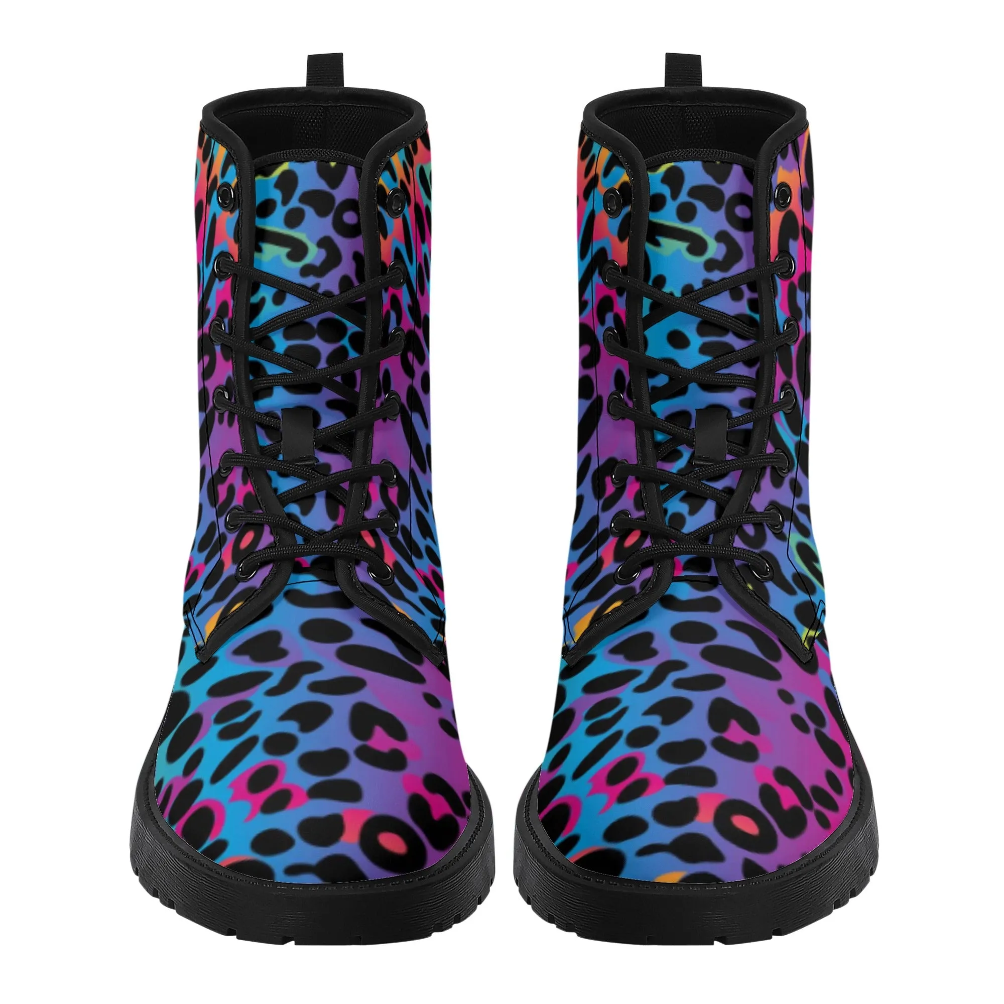 Rainbow Leopard Women's Leather Combat Boots, Animal Print Lace Up Shoes Hiking Festival Black Ankle Work Winter Casual Custom Gift