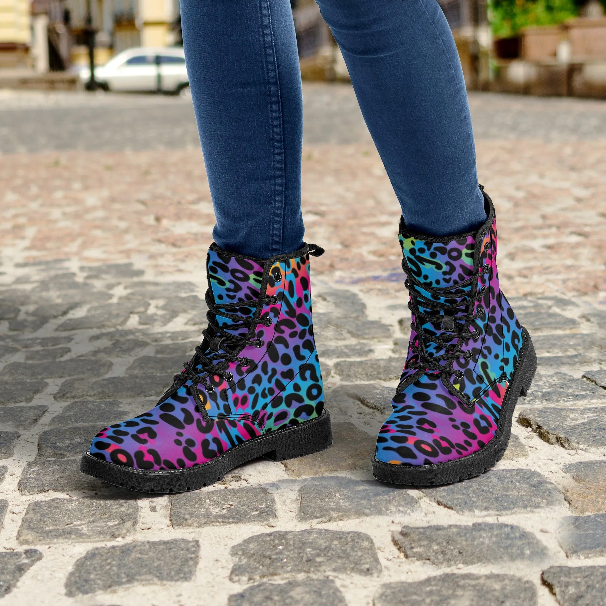 Rainbow Leopard Women's Leather Combat Boots, Animal Print Lace Up Shoes Hiking Festival Black Ankle Work Winter Casual Custom Gift
