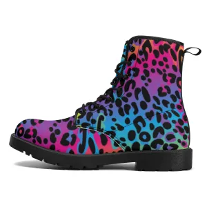 Rainbow Leopard Women's Leather Combat Boots, Animal Print Lace Up Shoes Hiking Festival Black Ankle Work Winter Casual Custom Gift
