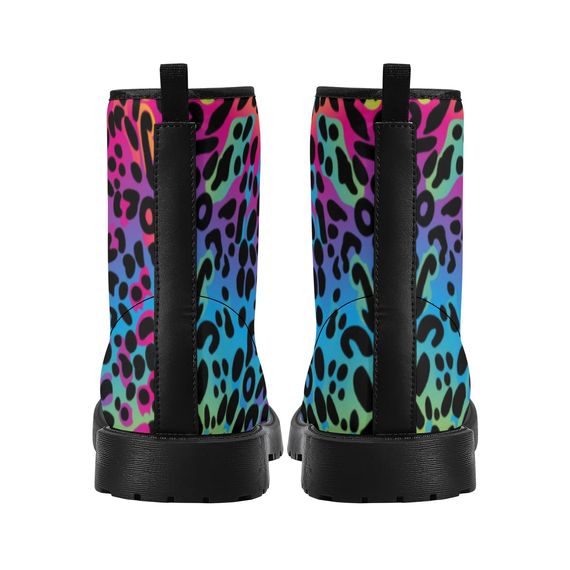 Rainbow Leopard Women's Leather Combat Boots, Animal Print Lace Up Shoes Hiking Festival Black Ankle Work Winter Casual Custom Gift