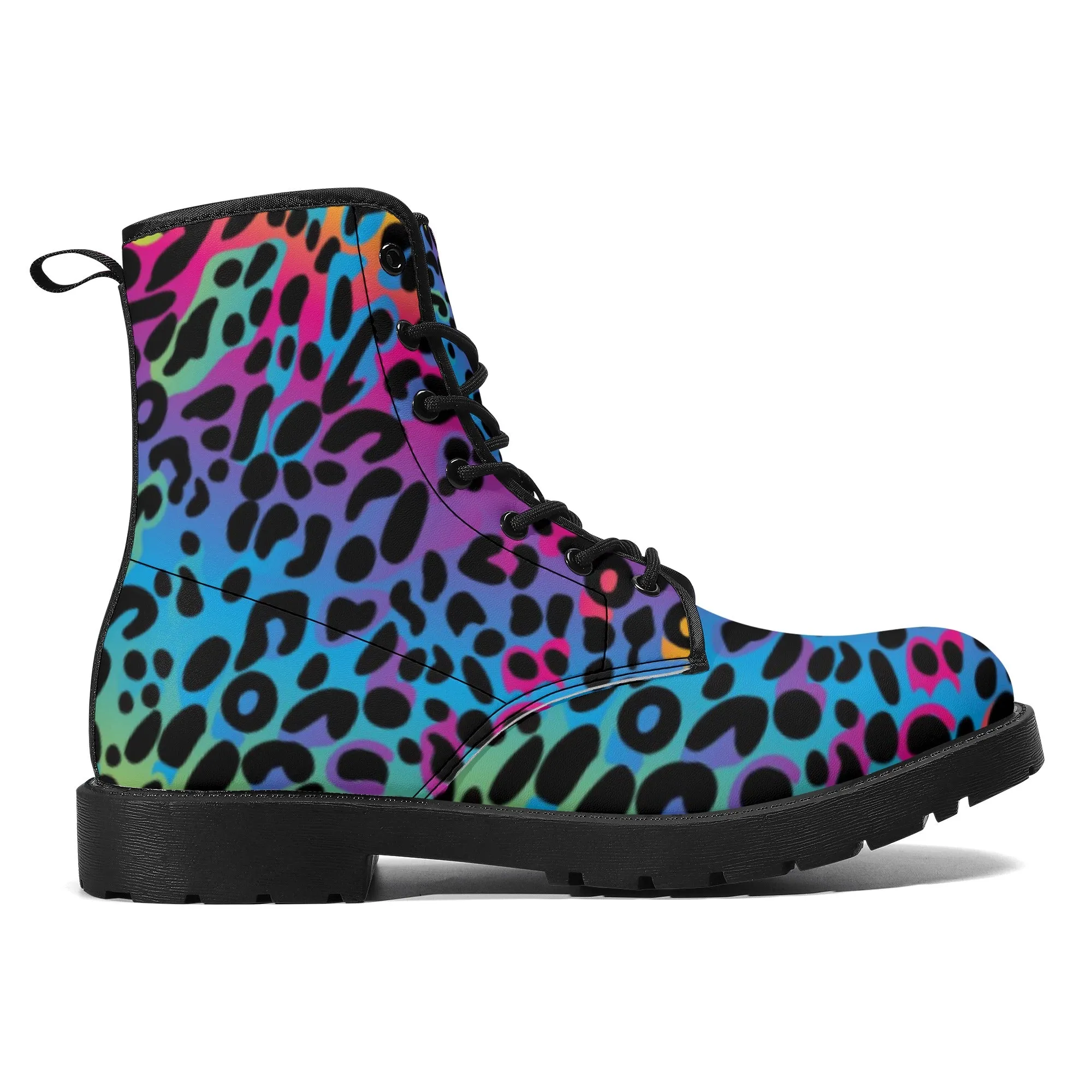 Rainbow Leopard Women's Leather Combat Boots, Animal Print Lace Up Shoes Hiking Festival Black Ankle Work Winter Casual Custom Gift