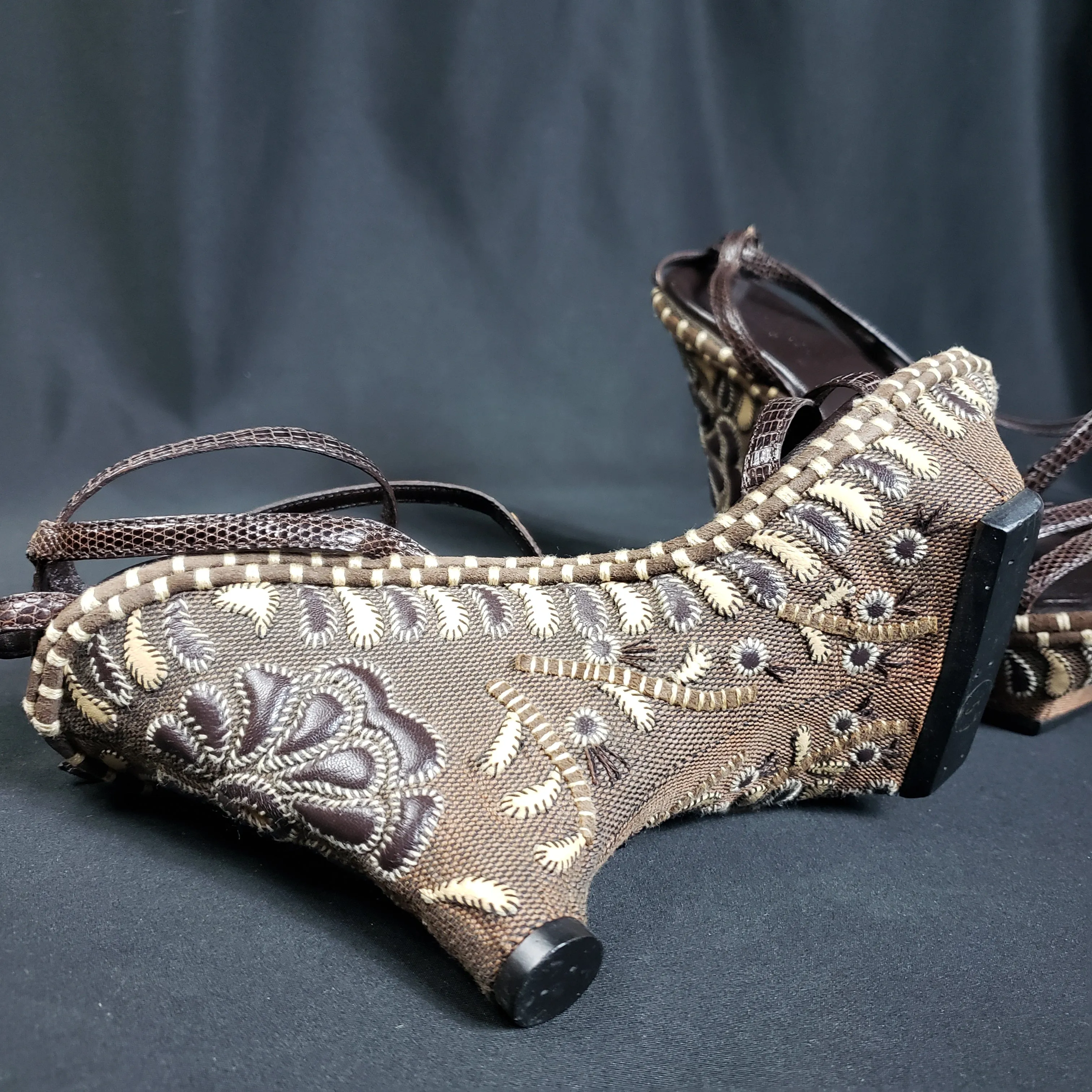 Rare Gucci Structural Wedge Leather Embroidered Sandals Size 5