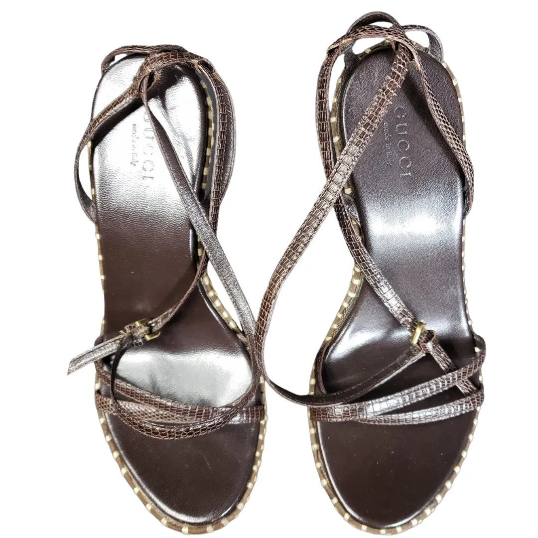 Rare Gucci Structural Wedge Leather Embroidered Sandals Size 5