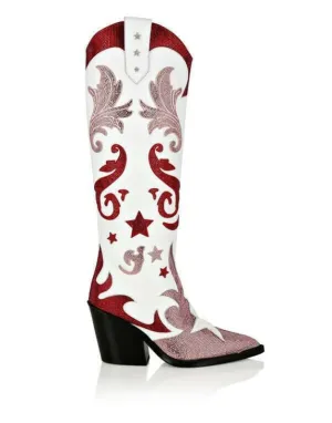 Rhinestone Patchwork Pointed Toe Cowboy Boots with High Wedge Heel