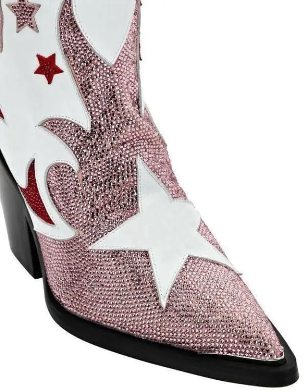 Rhinestone Patchwork Pointed Toe Cowboy Boots with High Wedge Heel