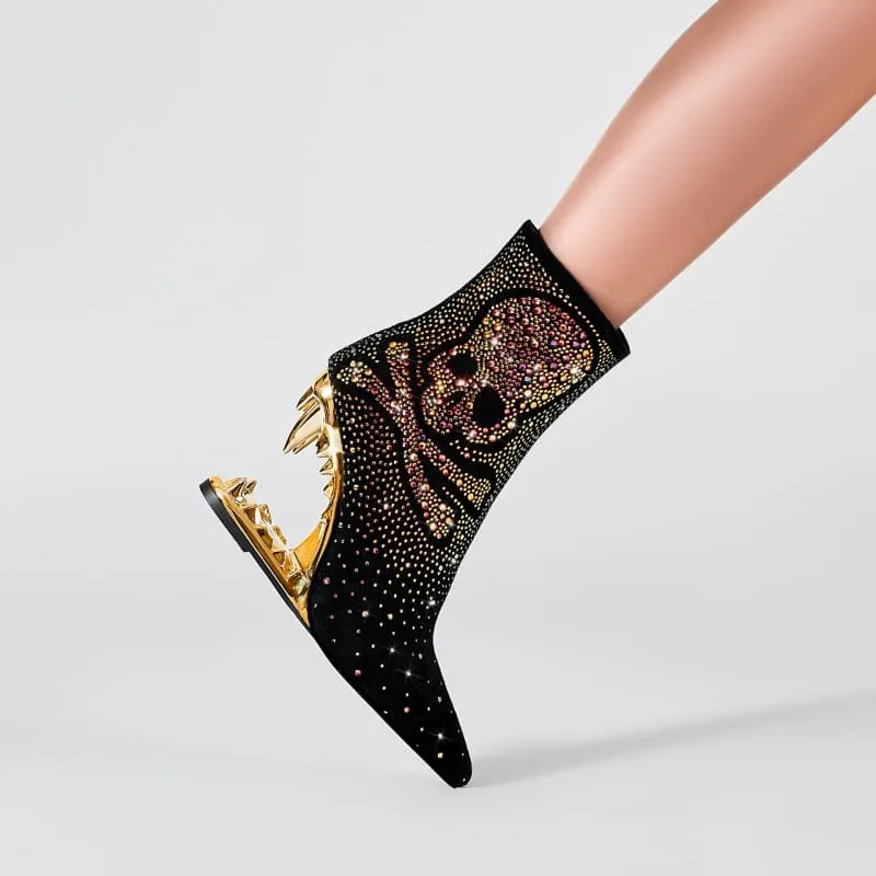 Rhinestone Skull Ladies Boots with Tiger Tooth Profiled Heel