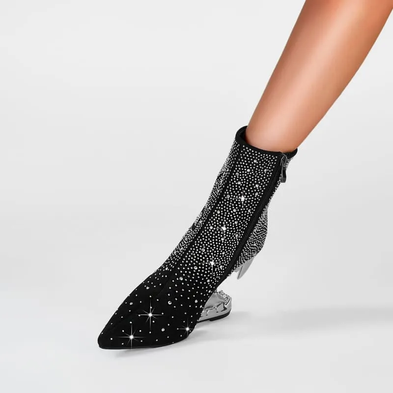 Rhinestone Skull Ladies Boots with Tiger Tooth Profiled Heel