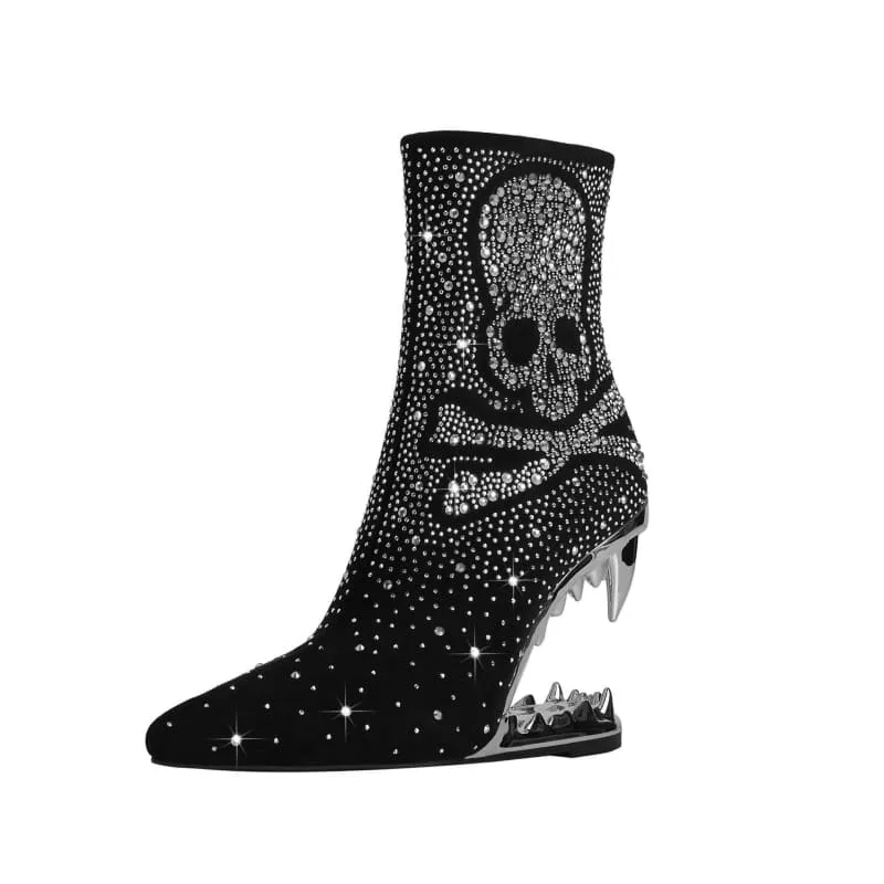 Rhinestone Skull Ladies Boots with Tiger Tooth Profiled Heel