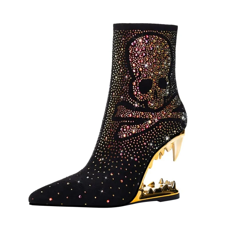 Rhinestone Skull Ladies Boots with Tiger Tooth Profiled Heel