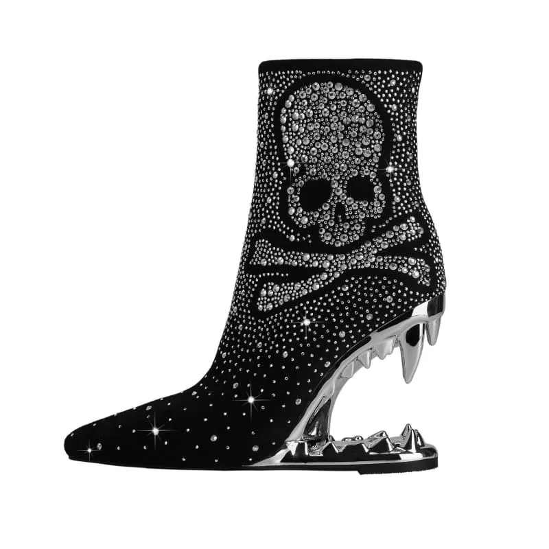Rhinestone Skull Ladies Boots with Tiger Tooth Profiled Heel