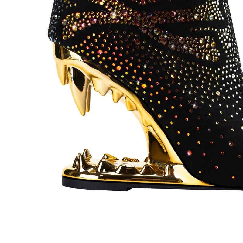 Rhinestone Skull Ladies Boots with Tiger Tooth Profiled Heel