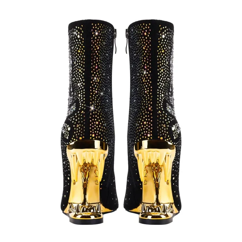 Rhinestone Skull Ladies Boots with Tiger Tooth Profiled Heel