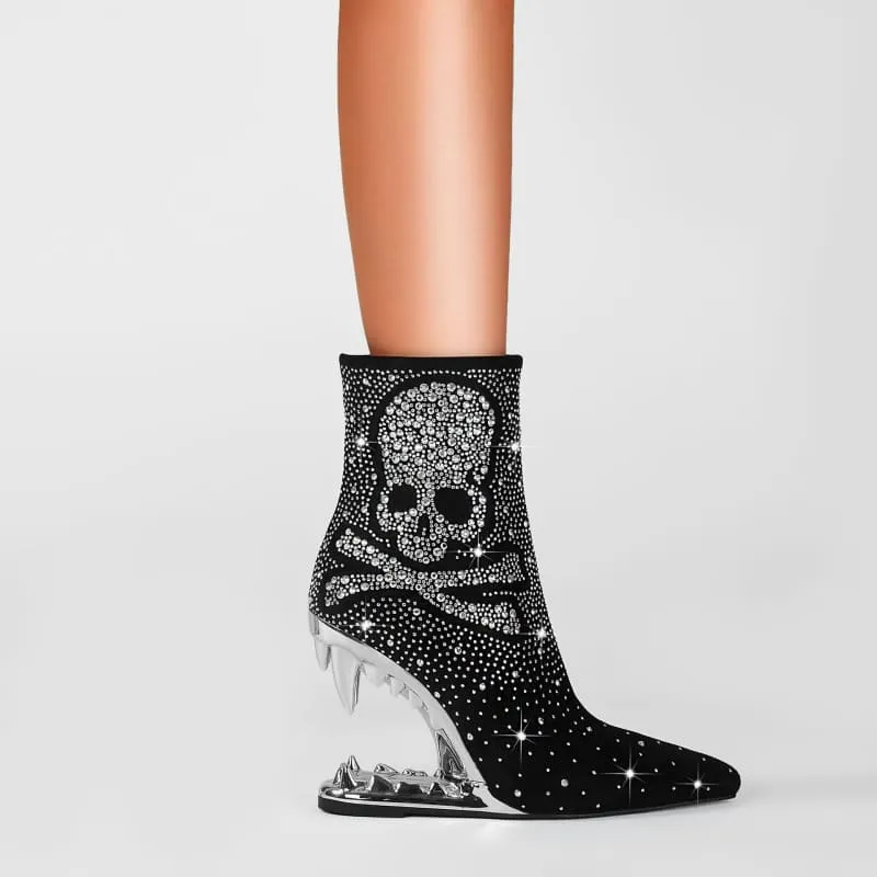 Rhinestone Skull Ladies Boots with Tiger Tooth Profiled Heel