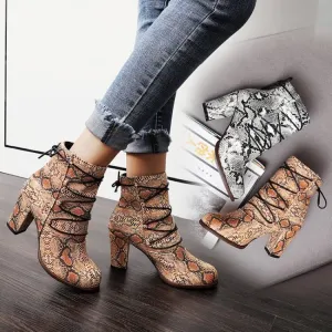 Snakeskin Lace Up Round Toe Ankle Boots