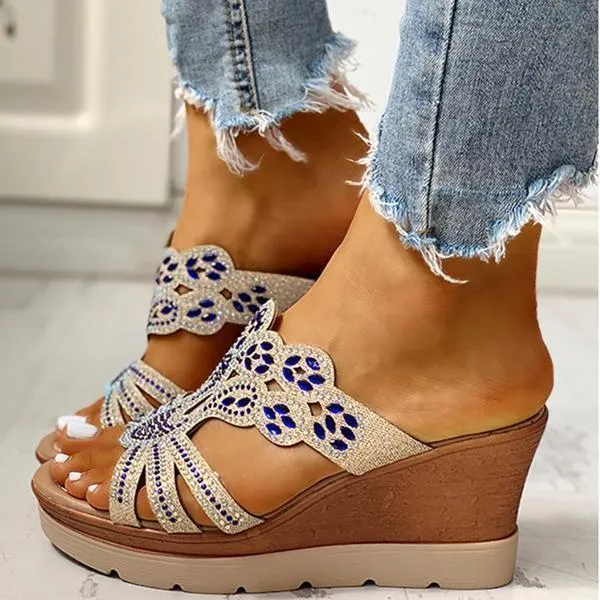 Sohiwoo  Imily Bela Women's Wedges Dune High Heels Rhinestone Platform Wedges Backless Slip-on Sandals
