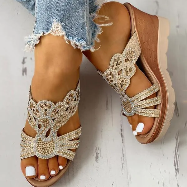 Sohiwoo  Imily Bela Women's Wedges Dune High Heels Rhinestone Platform Wedges Backless Slip-on Sandals
