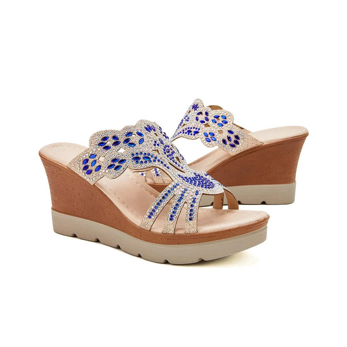 Sohiwoo  Imily Bela Women's Wedges Dune High Heels Rhinestone Platform Wedges Backless Slip-on Sandals