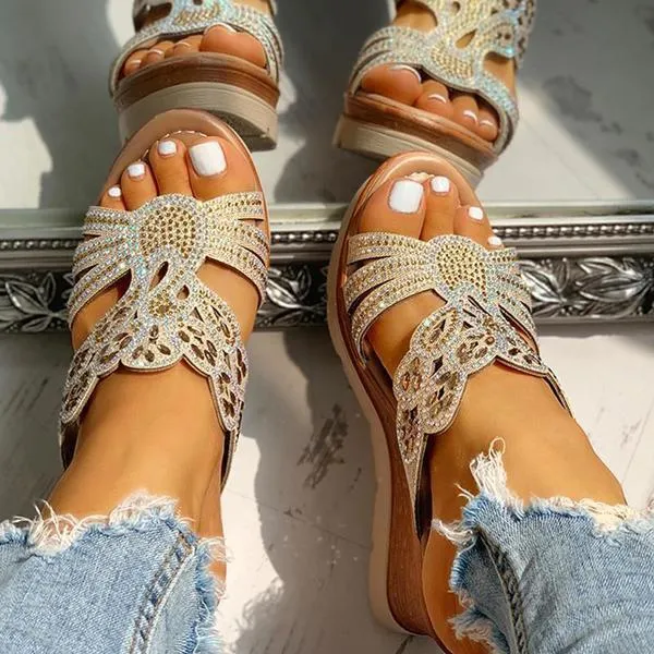 Sohiwoo  Imily Bela Women's Wedges Dune High Heels Rhinestone Platform Wedges Backless Slip-on Sandals