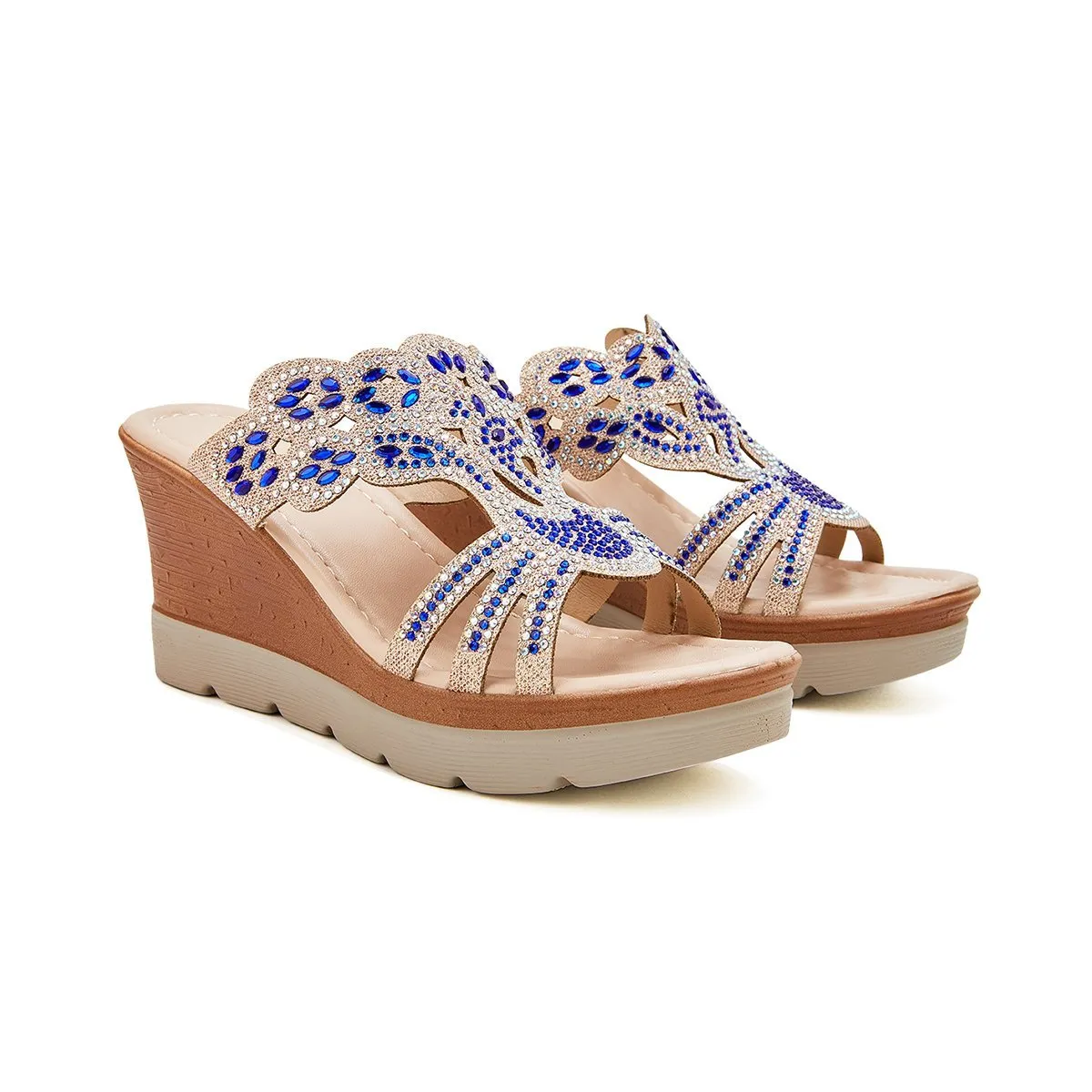 Sohiwoo  Imily Bela Women's Wedges Dune High Heels Rhinestone Platform Wedges Backless Slip-on Sandals