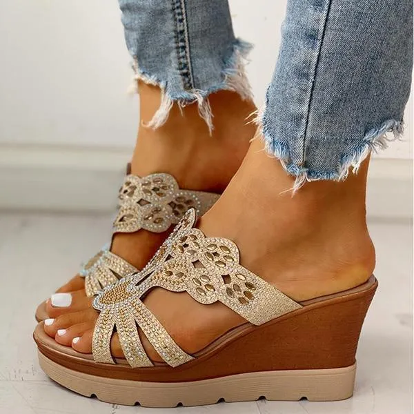 Sohiwoo  Imily Bela Women's Wedges Dune High Heels Rhinestone Platform Wedges Backless Slip-on Sandals