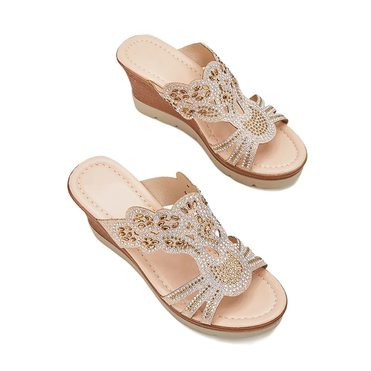 Sohiwoo  Imily Bela Women's Wedges Dune High Heels Rhinestone Platform Wedges Backless Slip-on Sandals